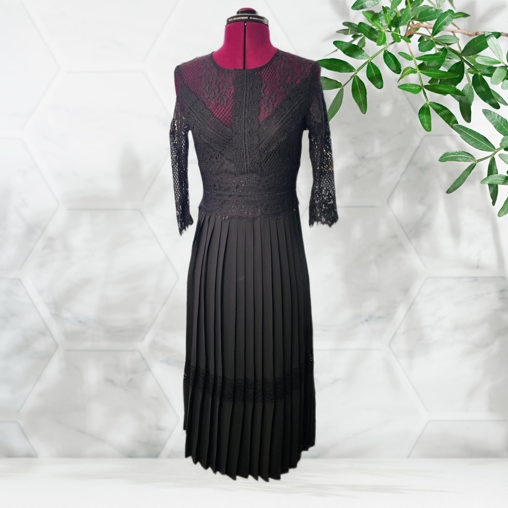 Zara Basic Black Lace Pleated Midi Dress 3/4 Sleeves Sheer Back